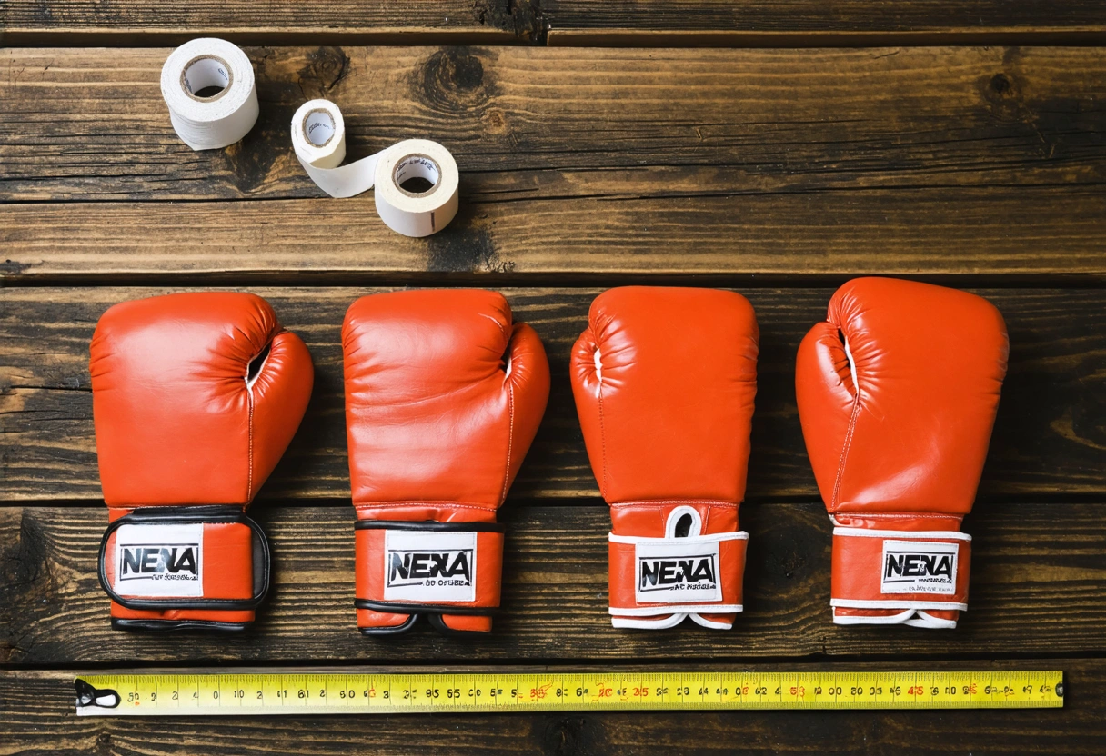Boxing gloves in five sizes with tape measure and hand wraps on wooden table, top-down view