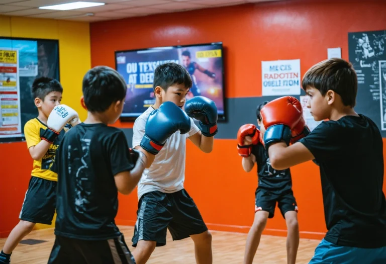 Teens training in a bright boxing gym with coach, motivational posters, energetic atmosphere.