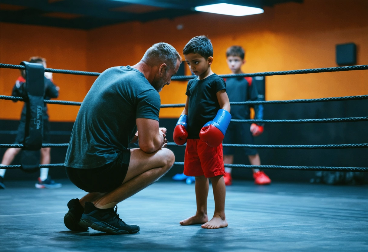 Boxing coach kneeling beside young athlete offering guidance with other youths training in background