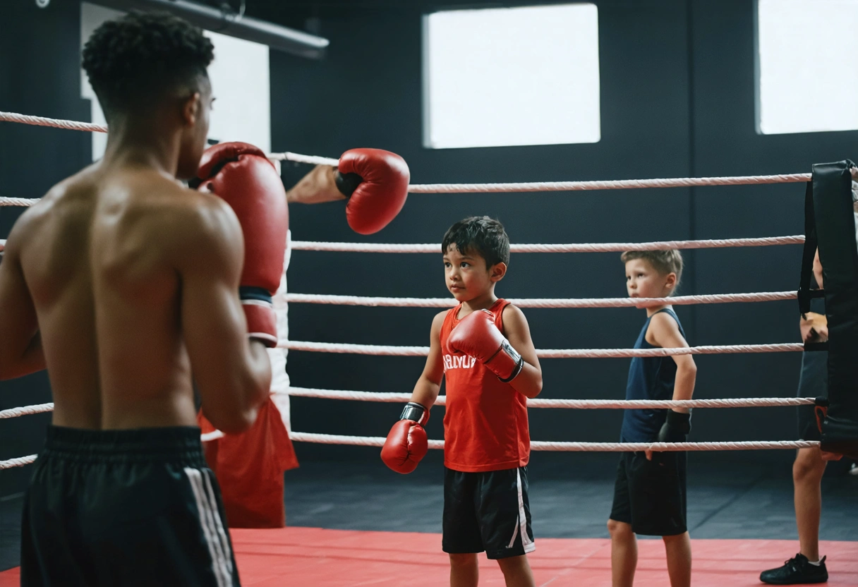 Diverse group of youth boxers training together as coach assists a new member in an inclusive gym