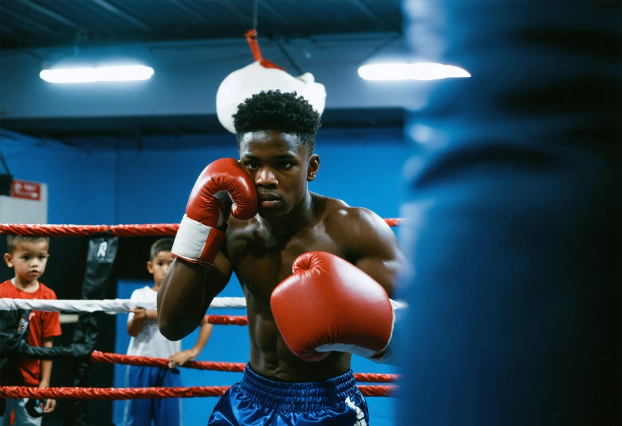 Focused teen boxer in ring receiving advice from coach as peers watch admiringly in gym