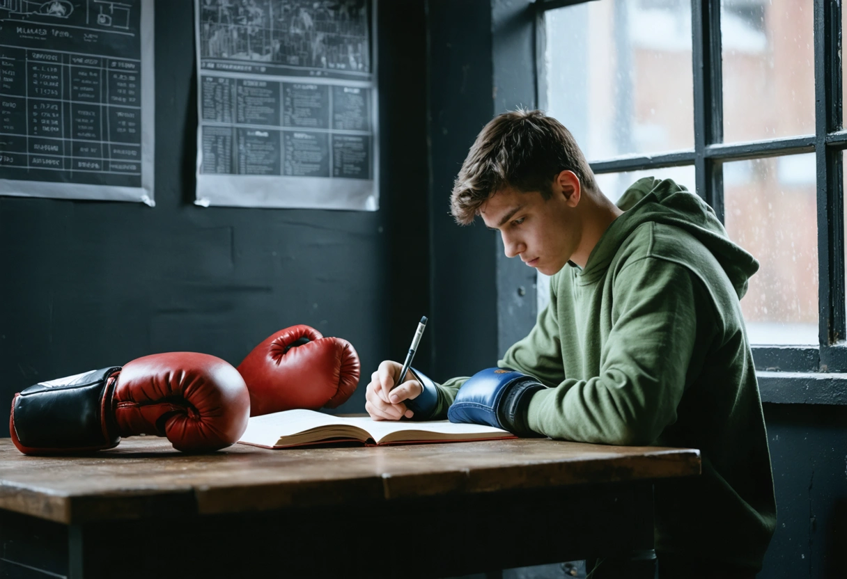 Teen boxer studying at a desk in gym corner with coach helping and boxing gloves nearby