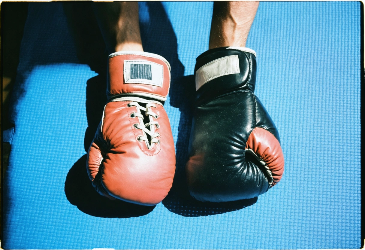 Two boxing gloves on gym mat, one with laces and one with Velcro, hands reaching for each
