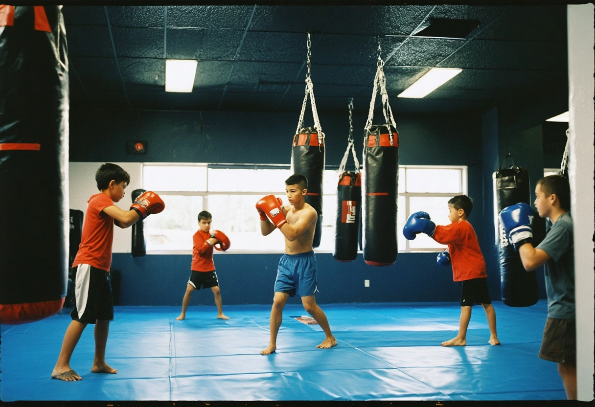 Youth athletes training on heavy bags in a clean, organized boxing gym with coaches encouraging them