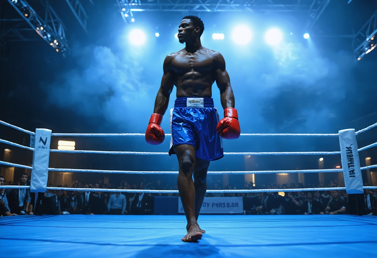 Boxer walking to ring in high-grade gear, dimly lit arena