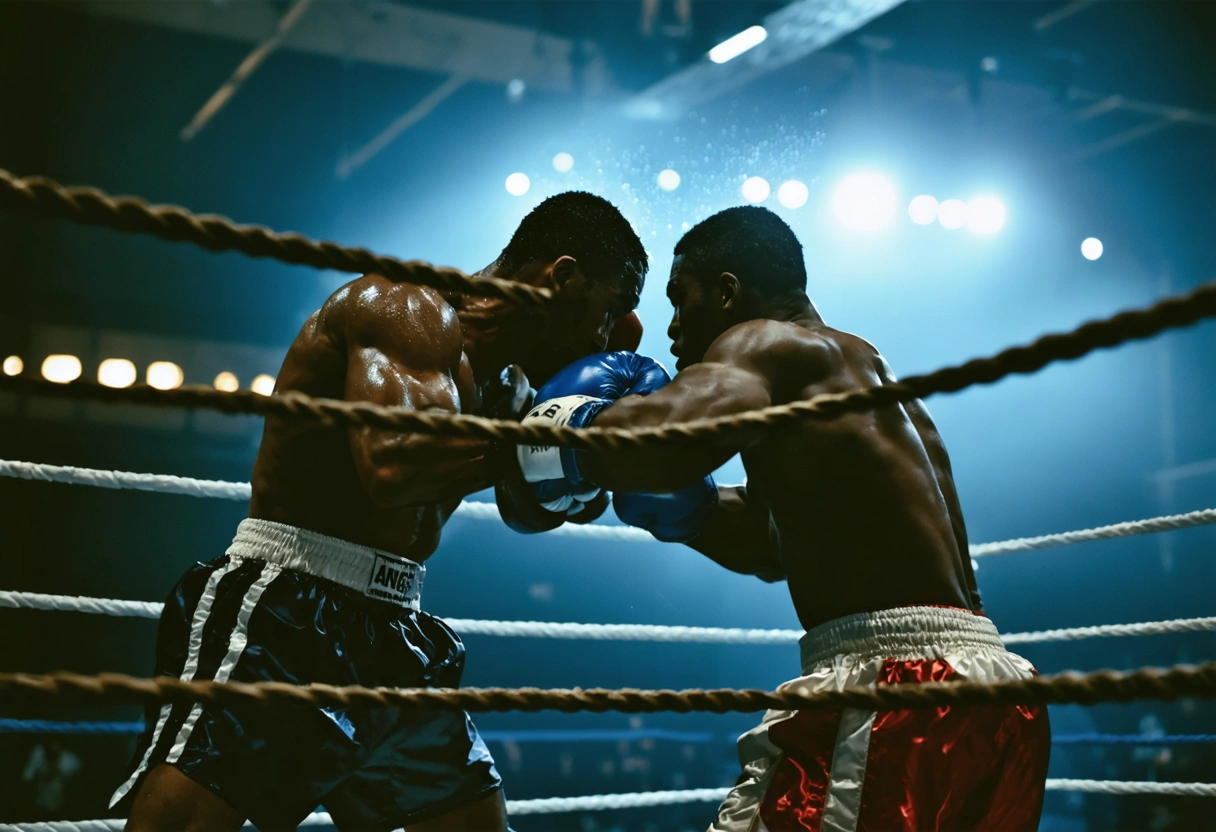 Boxer executing shoulder roll as opponent attempts punch in boxing ring
