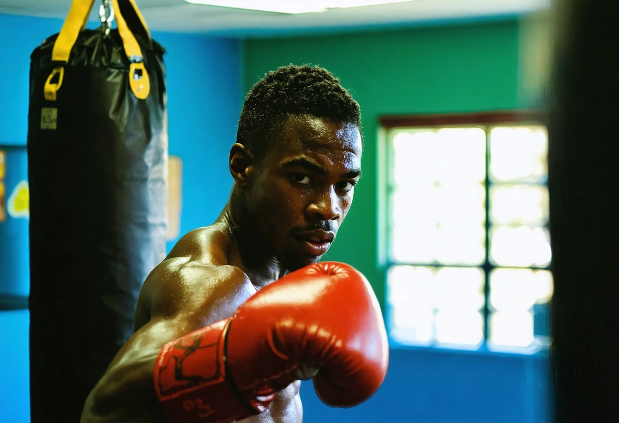 A boxer in a gym, consistently training with a punching bag. The setting is a