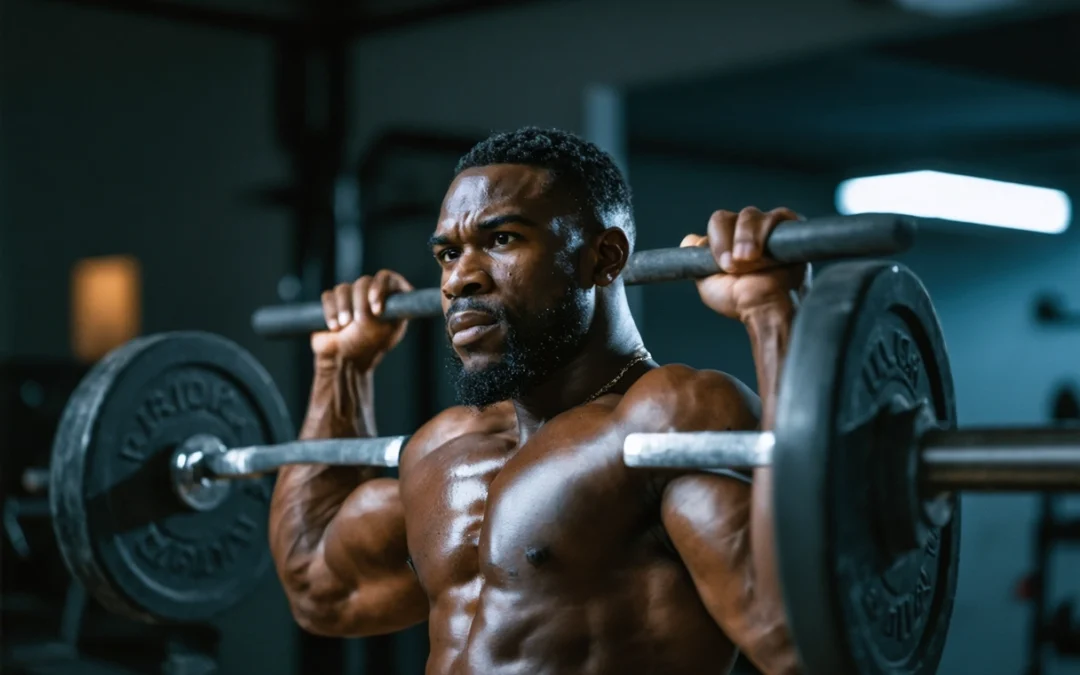 Boxer bench pressing in gym, showcasing strength training for fight preparedness.