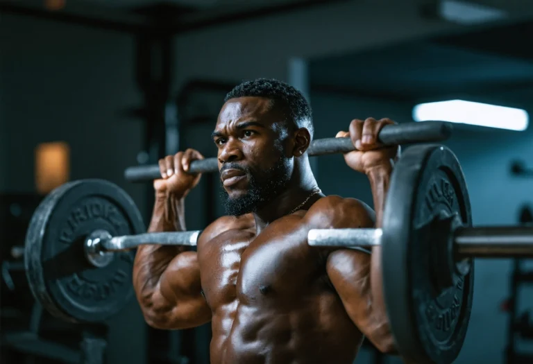 Boxer bench pressing in gym, showcasing strength training for fight preparedness.