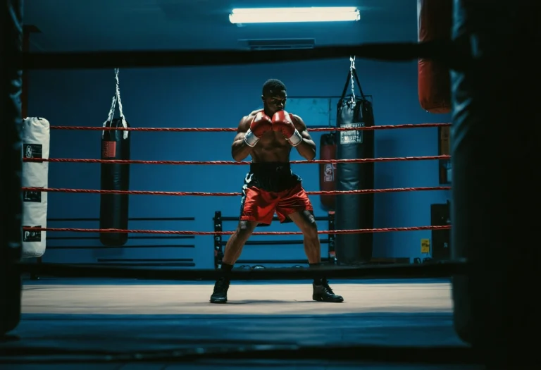 Boxer practicing defensive footwork and head movement in a well-lit gym boxing ring.