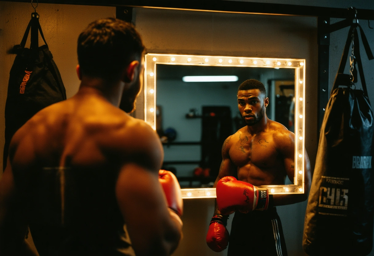 Boxer with high-grade gear, looking in mirror, motivational scene