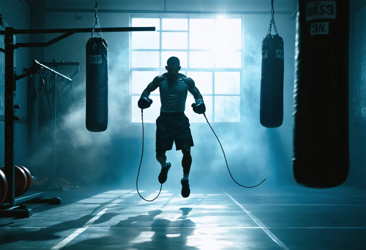 Boxer jumping rope in gym with heart rate monitor, bright natural light.
