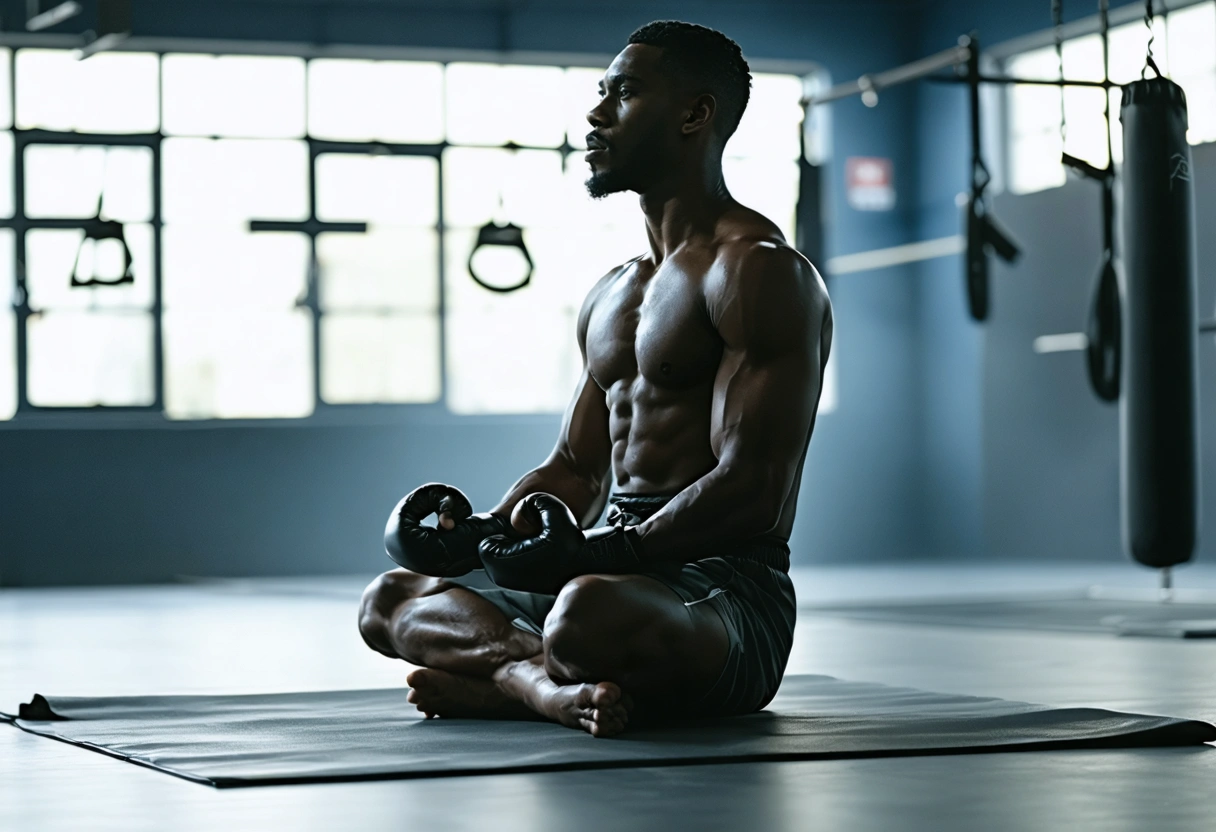 A boxer meditating in a serene gym environment, practicing mindfulness. Soft lighting enhances the calm
