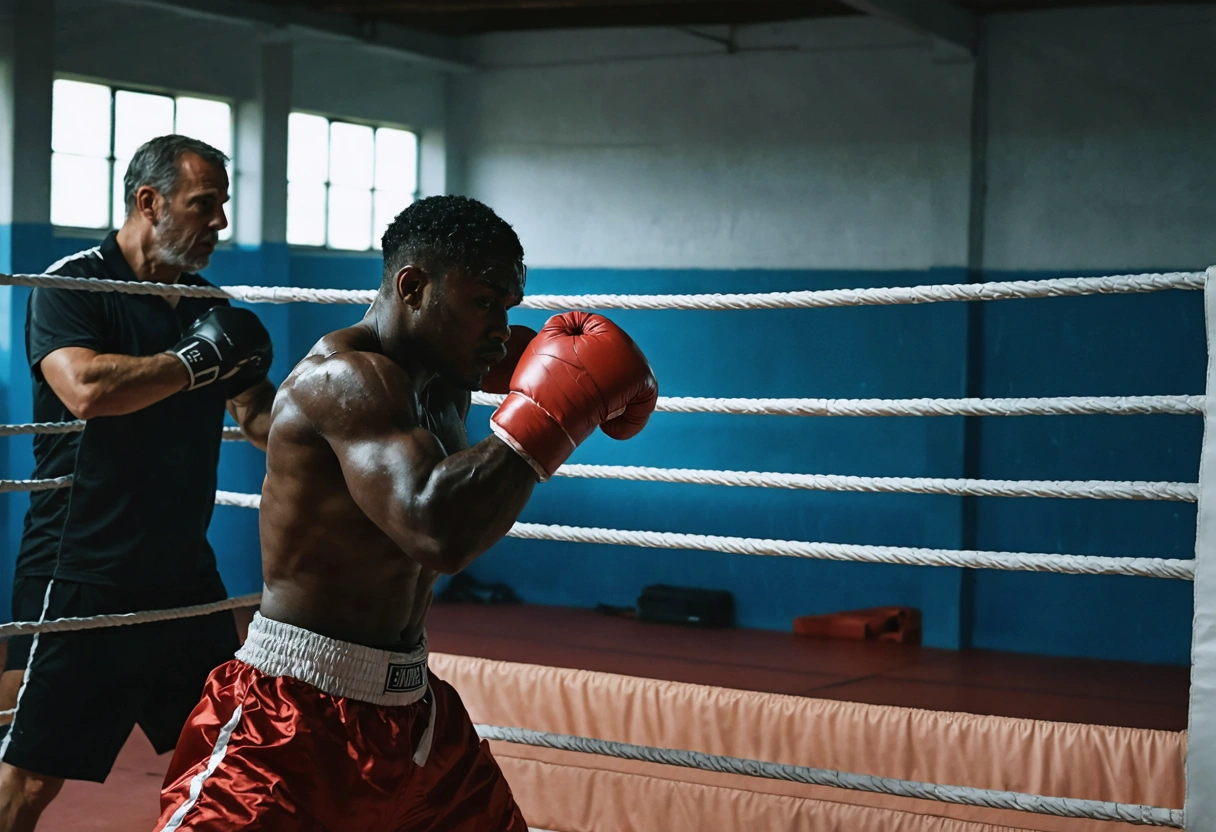 Boxer practicing defensive techniques with coach in motivational ring setting