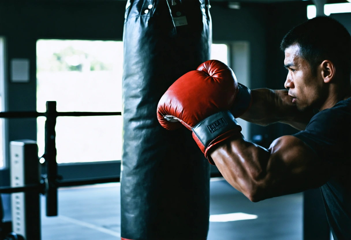 Boxer striking reinforced punching bag in spacious, naturally lit gym