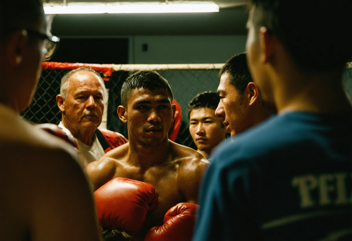 Boxer with supportive team in gym, motivational atmosphere, warm lighting.