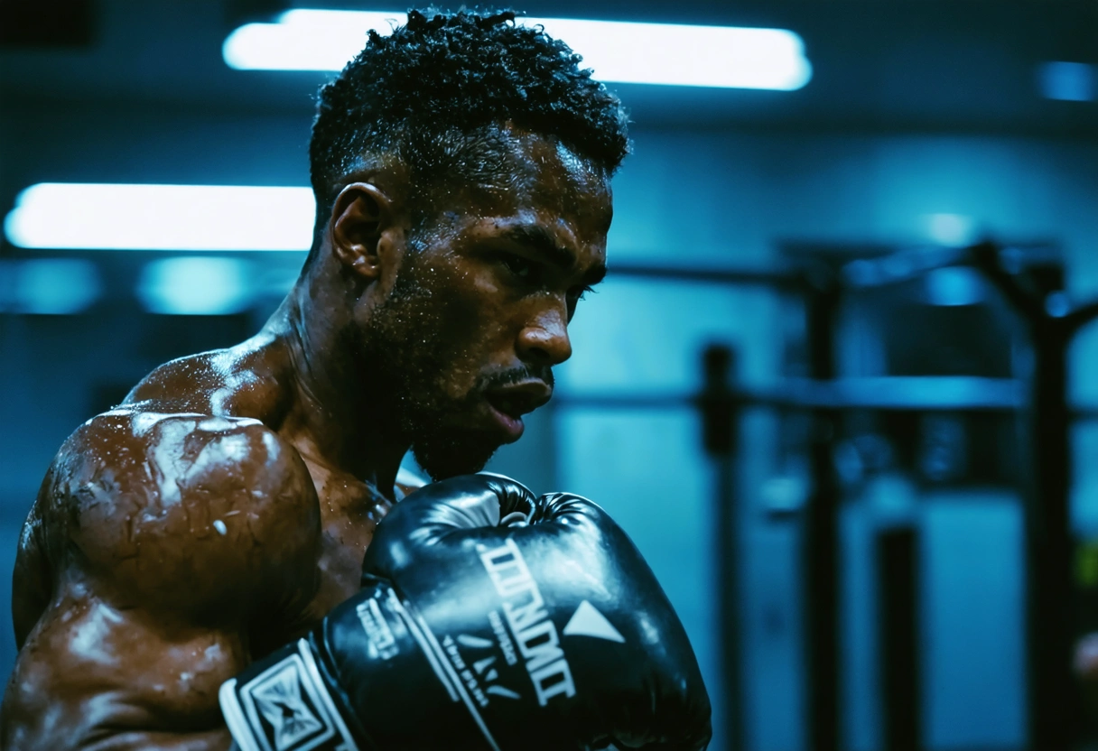 Boxer training intensely with high-grade gear in bright gym