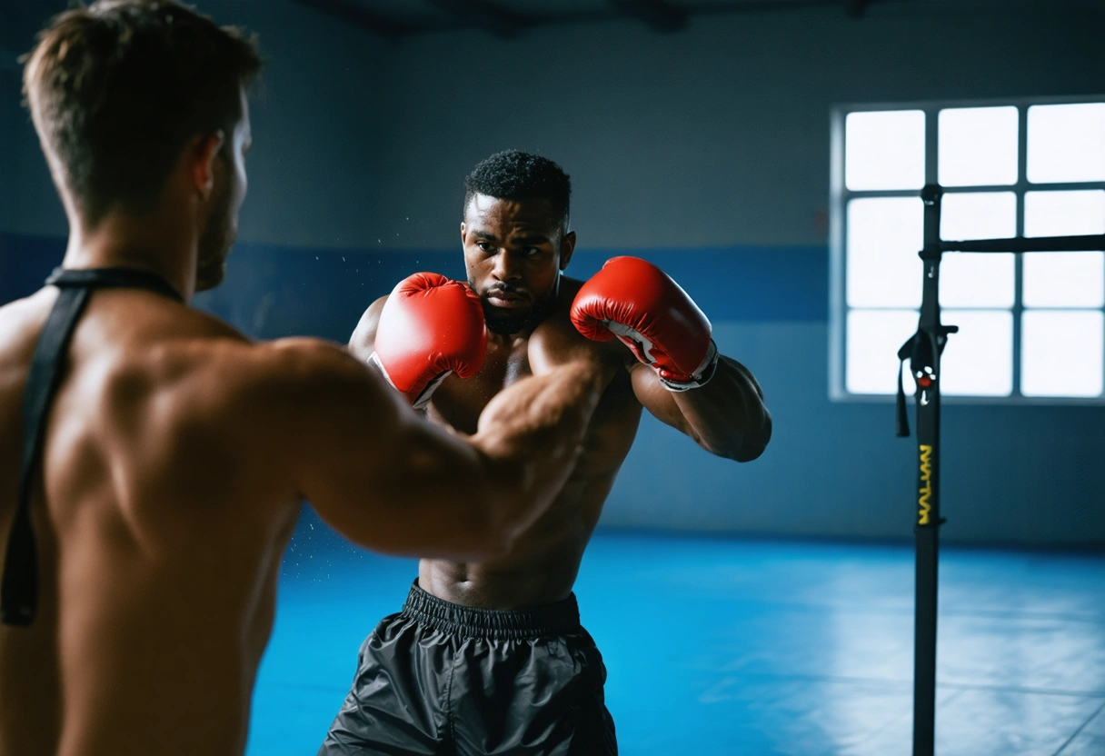 Boxer training with coach, adjusting techniques, focused expressions in gym.
