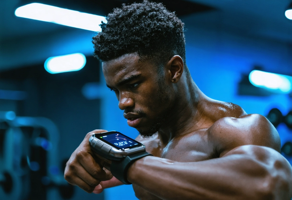 Boxer using smartwatch to track performance, digital display in gym.