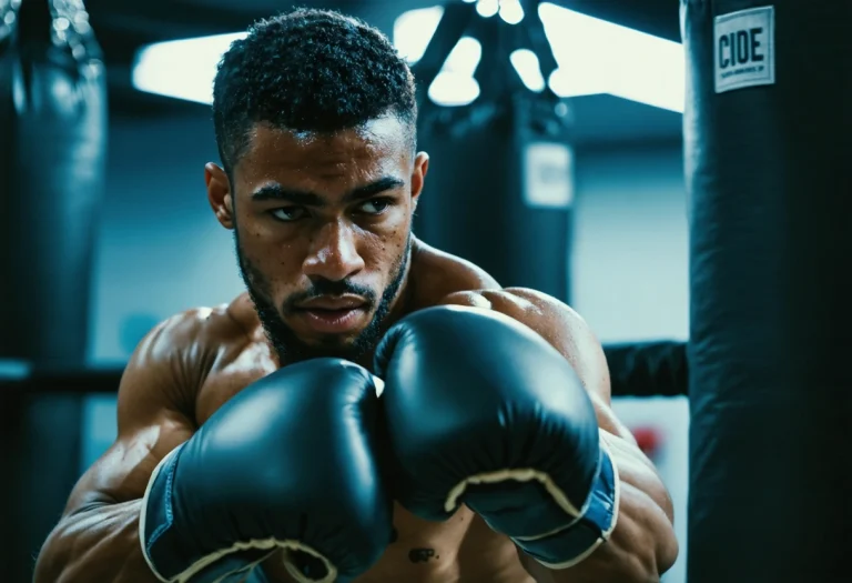 Boxer wearing high-grade gloves, focused and confident, in a well-lit gym with punching bags.
