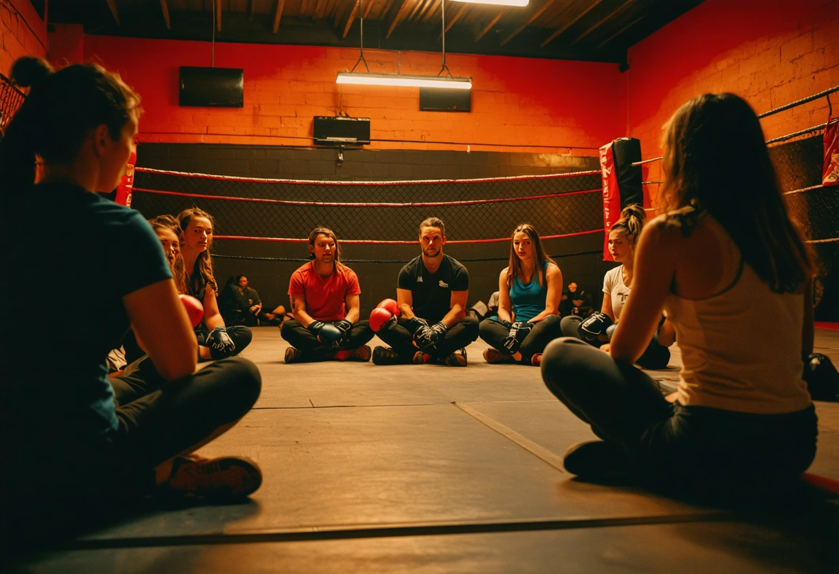 Boxing gym hosting mental health workshop, people sharing stories in circle.