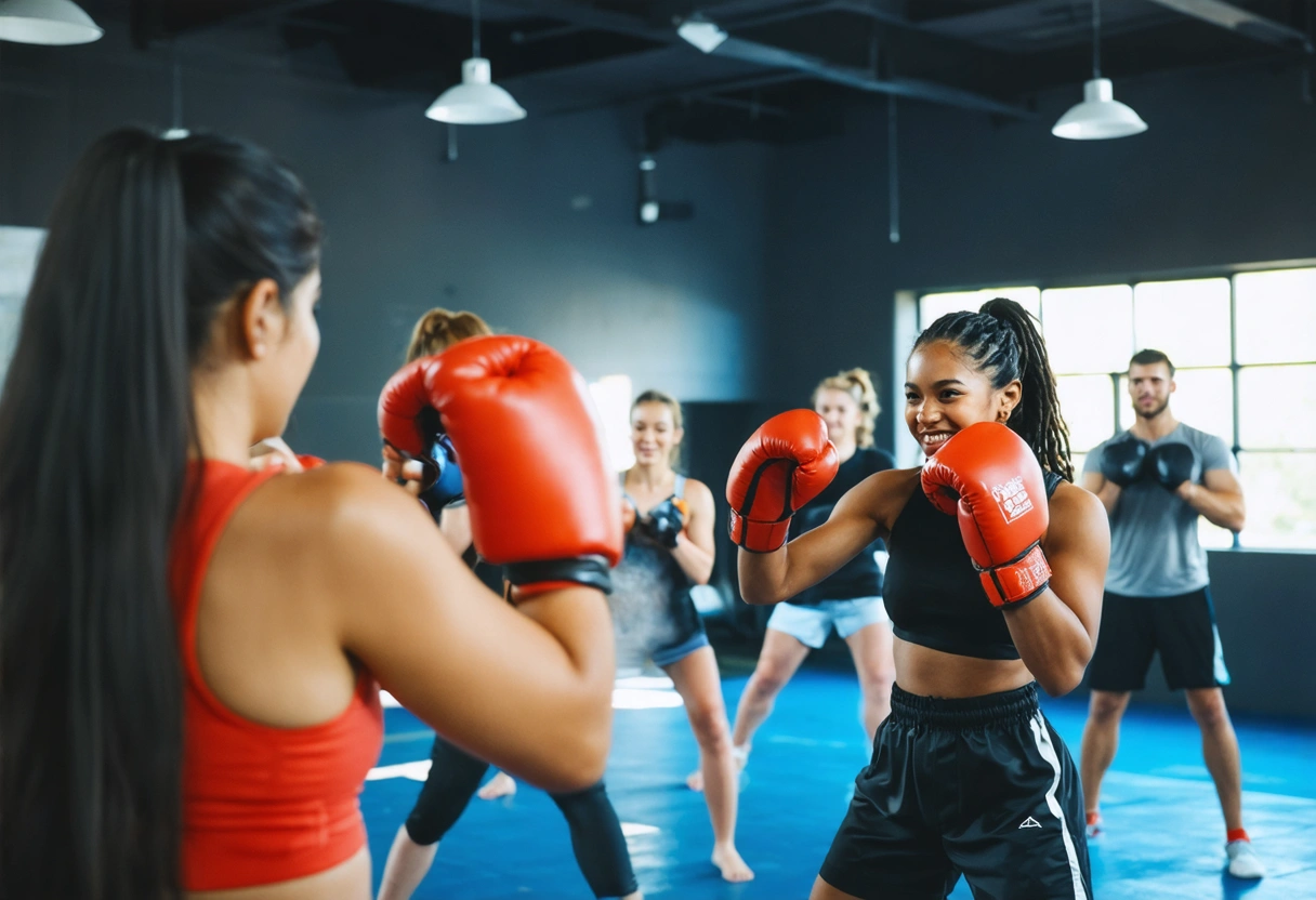 Community boxing class with diverse participants, smiling and interacting warmly.