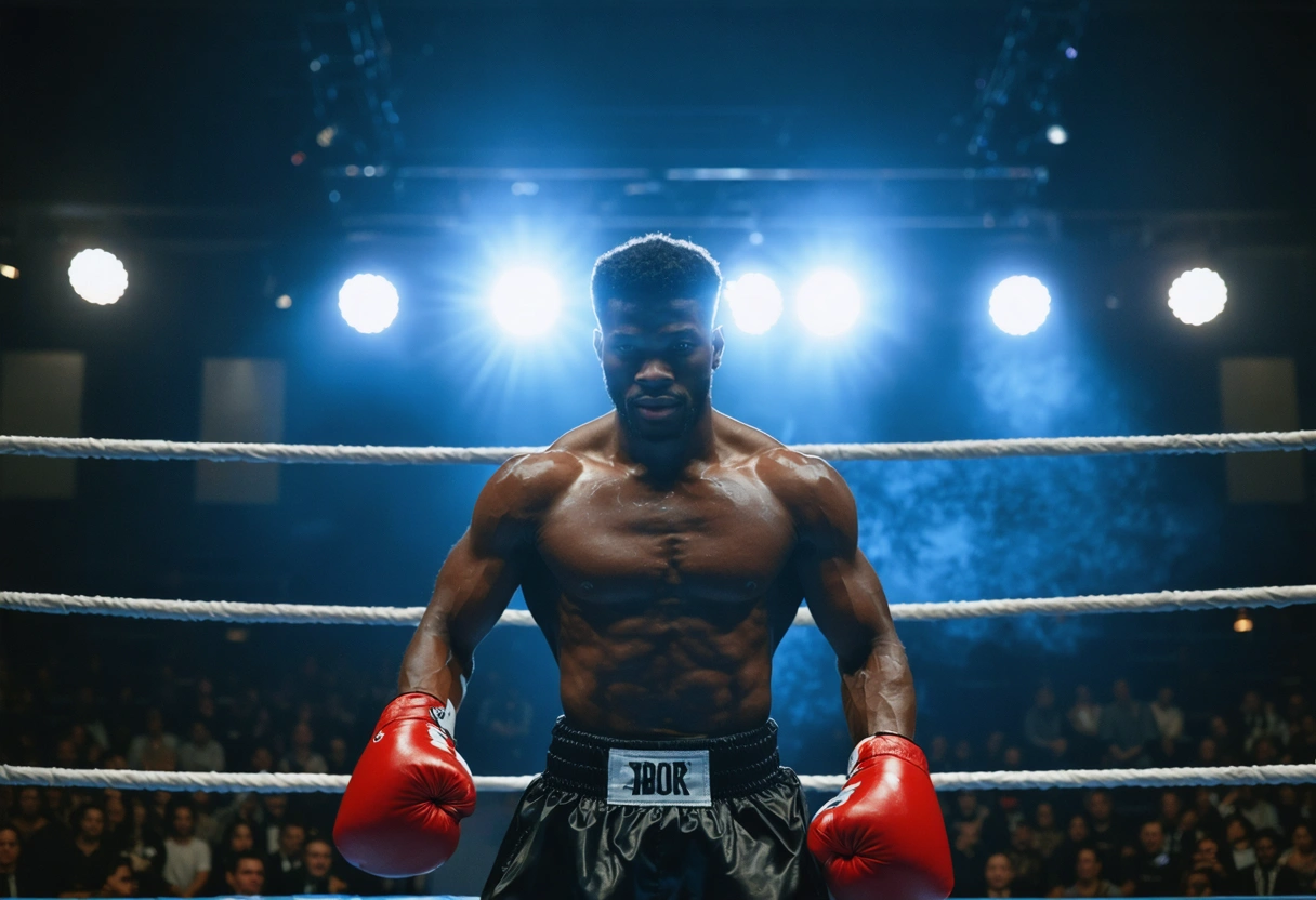 A confident boxer in the ring, ready to fight. The arena is brightly lit, with