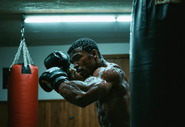 "Boxer mid-punch at gym, showcasing strength, agility, and focus under bright lights."