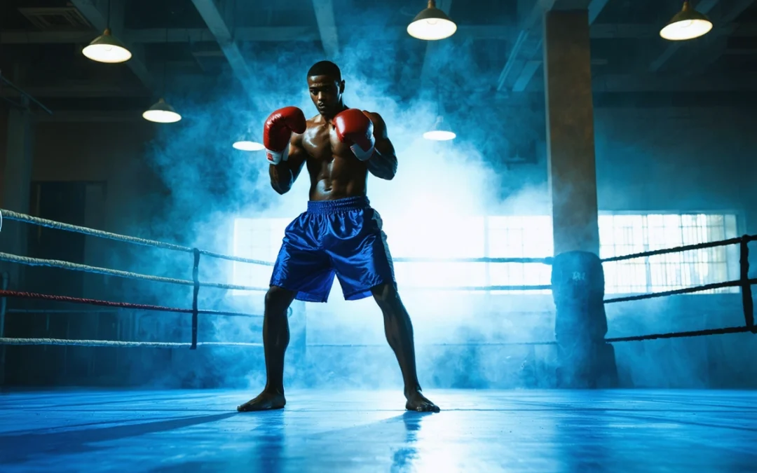 Boxer practicing stance and footwork in a well-lit gym, showcasing dynamic movement.