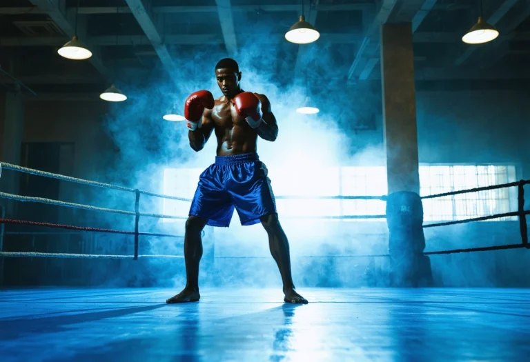 Boxer practicing stance and footwork in a well-lit gym, showcasing dynamic movement.