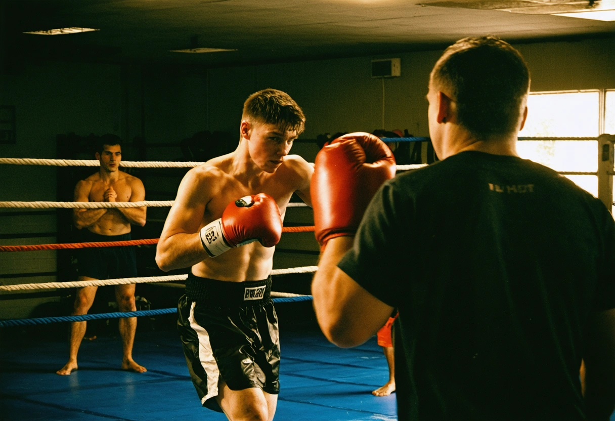 Group of boxers sparring and sharing techniques in supportive gym environment