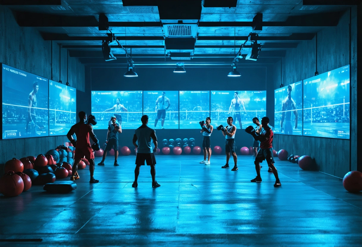 Modern boxing gym with digital screens, diverse group engaged in workouts.