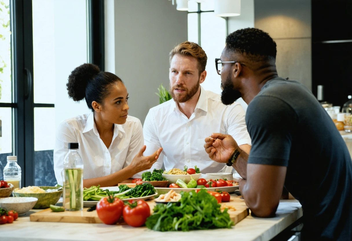 Nutritionist and boxer discussing meal plan, table with healthy foods.