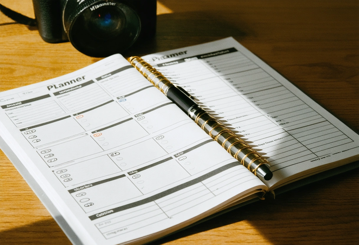 A planner with a boxing schedule and study timetable, open on a desk with a
