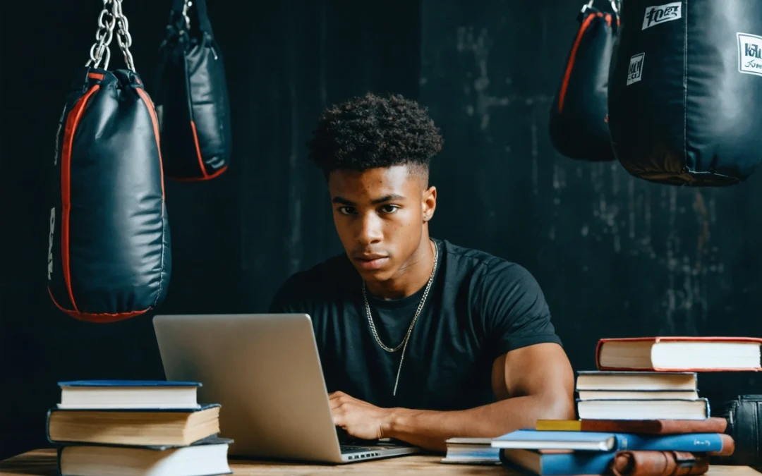 Young athlete in boxing gym, studying on laptop amidst books and boxing gear.