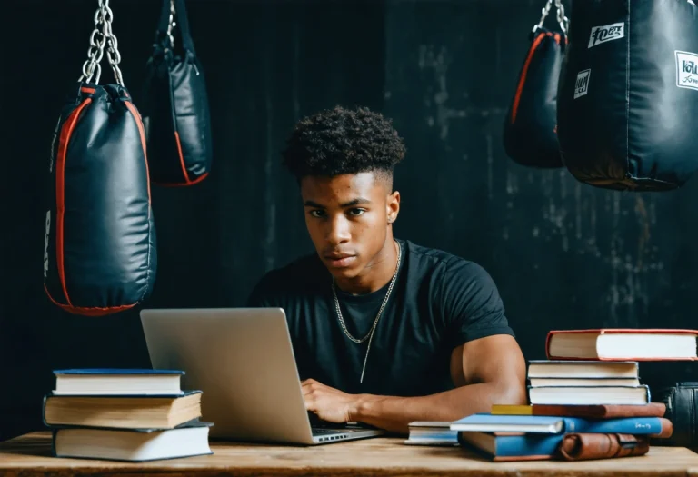 Young athlete in boxing gym, studying on laptop amidst books and boxing gear.