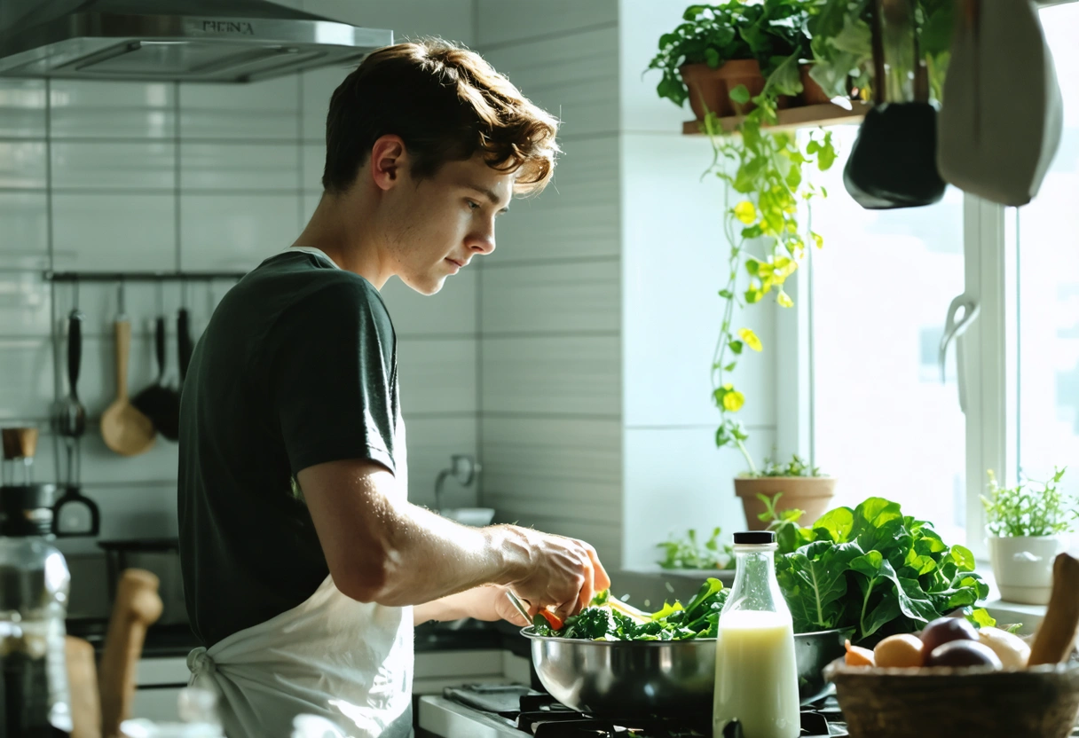 Young athlete preparing a meal with leafy greens and dairy