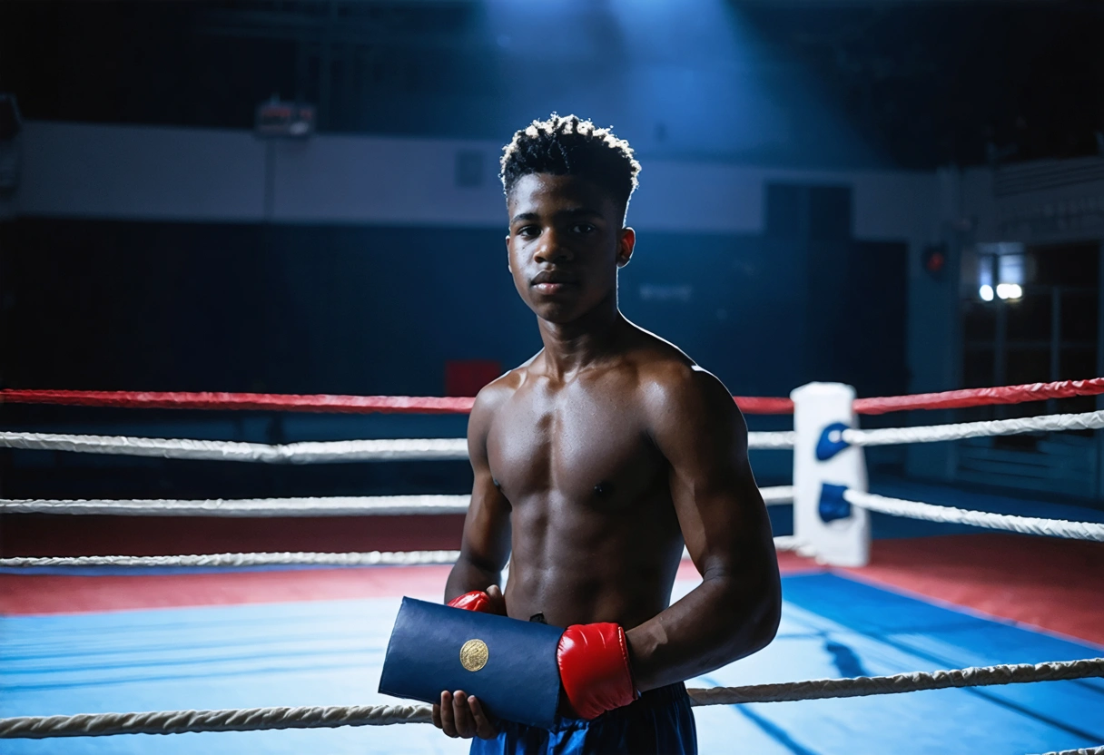 A young athlete standing confidently in a boxing ring, holding a diploma. Spotlight on the