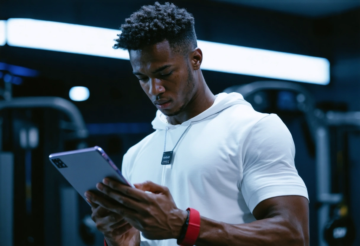 A young athlete using a tablet in a gym, workout app visible on screen. Bright