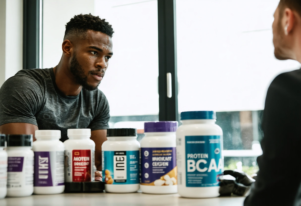 Young boxer consulting dietitian with protein powders and BCAAs
