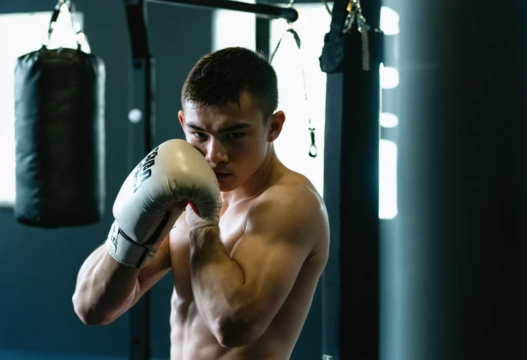 Young boxer in gym focused on recovery, surrounded by training equipment, showcasing determination.