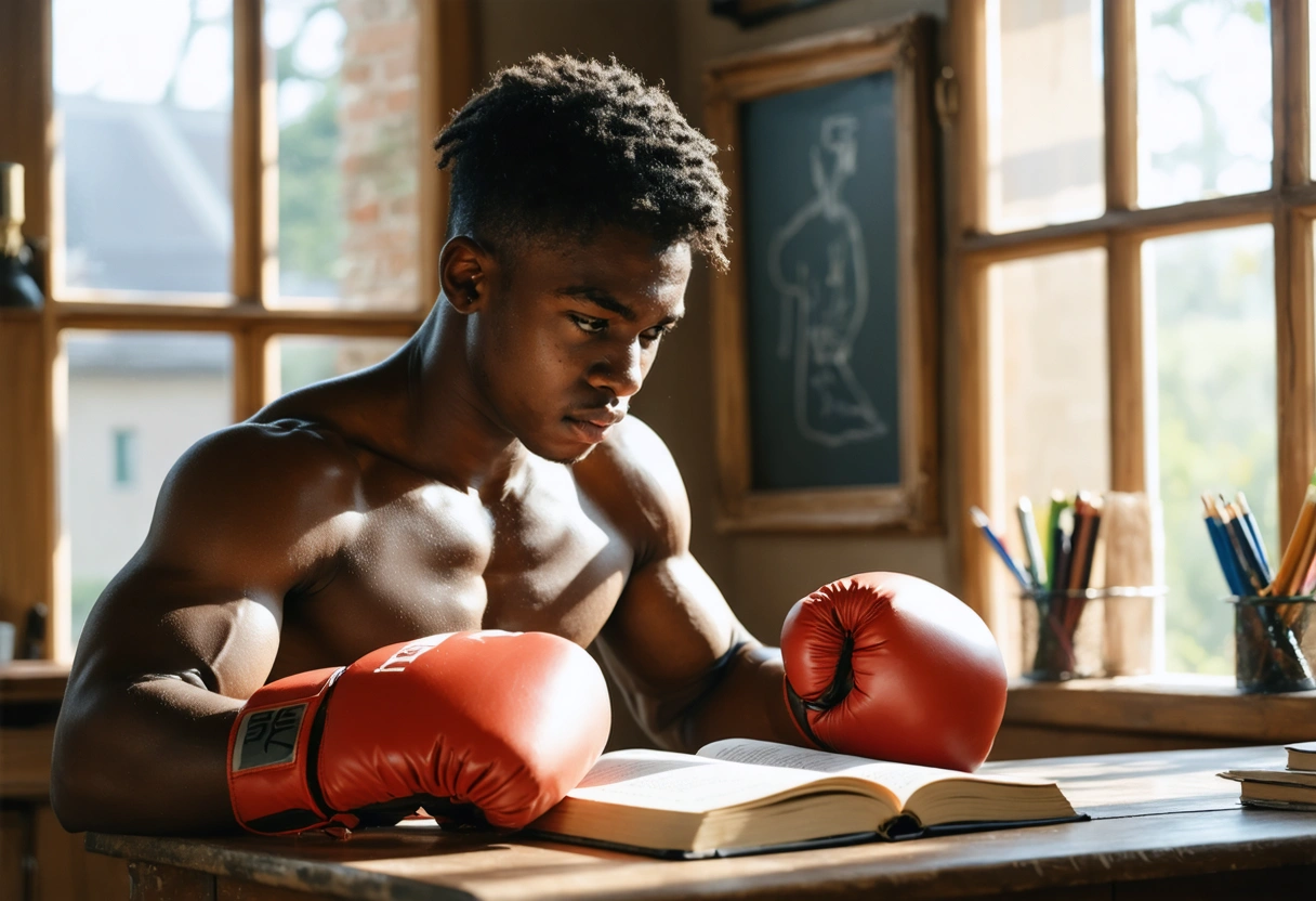 A young boxer in a study room, boxing gloves on the desk, reading a textbook.