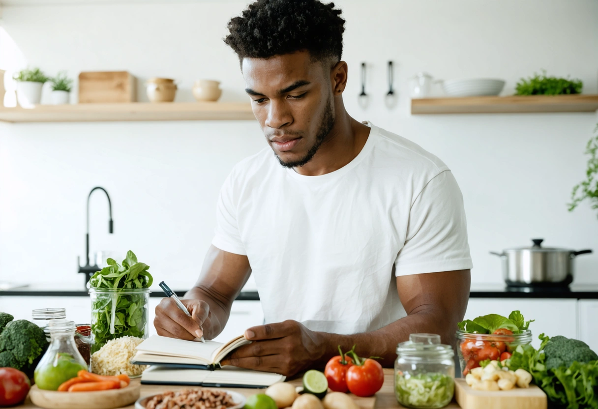 Young boxer planning meals with notebook and healthy foods
