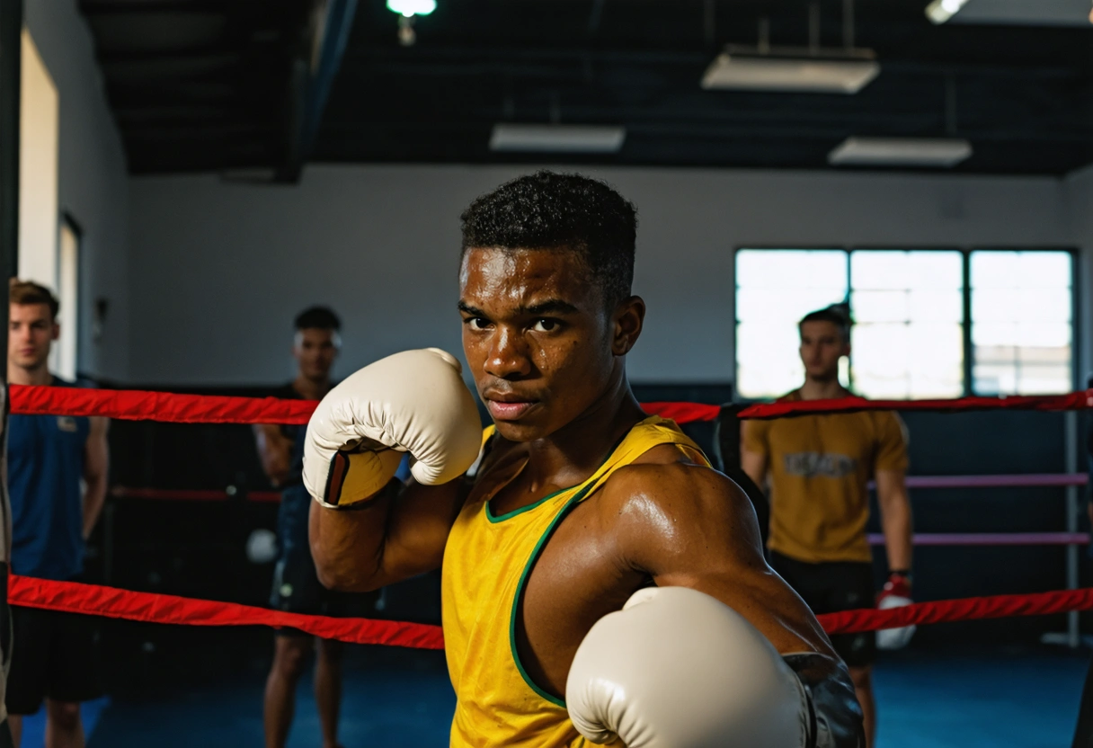 Young boxer training confidently in gym, surrounded by supportive peers.