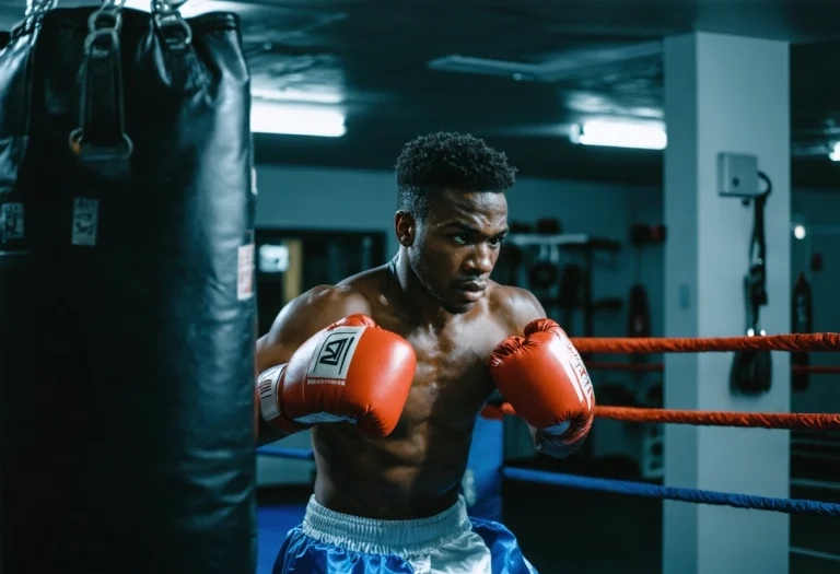 Young boxer training intensely in a well-lit gym, embodying discipline and confidence.