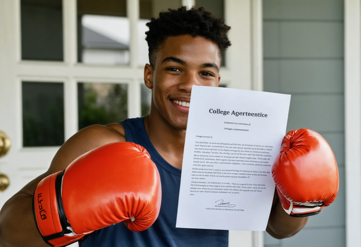 A young boxer with a college acceptance letter and boxing gloves, smiling. Daylight, hopeful mood,