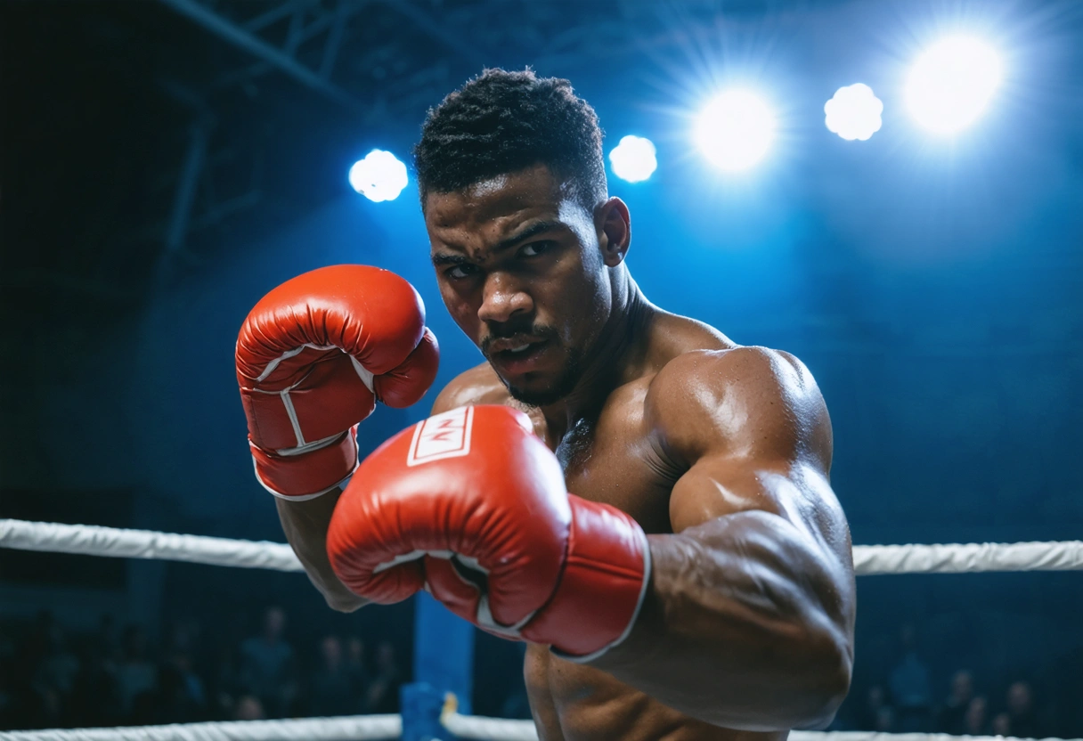 Boxer in defensive stance, gloves up, elbows tucked, absorbing a punch with forearms, bright ring