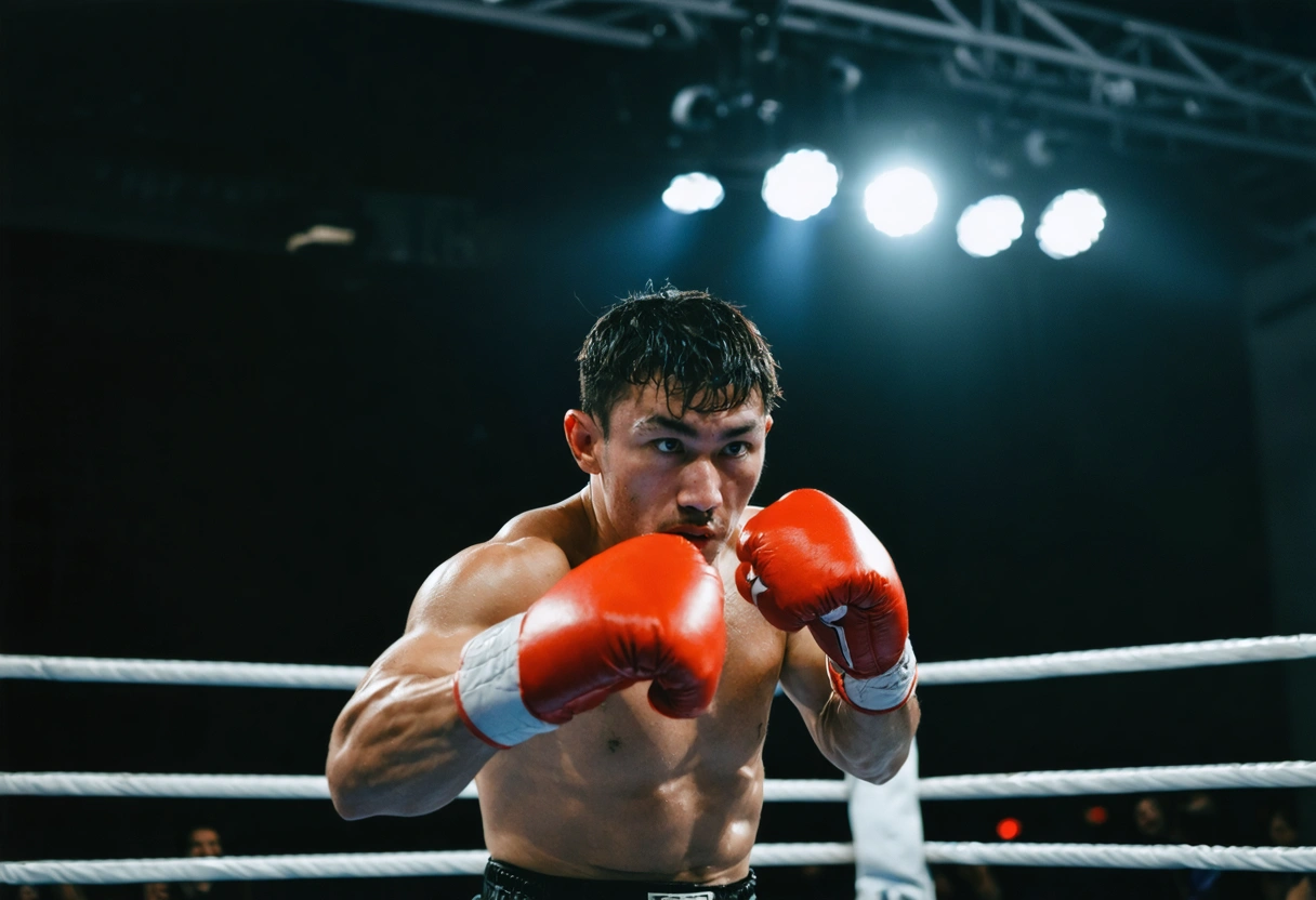 Boxer in the ring demonstrating the Philly Shell defense, lead shoulder raised, rear hand near