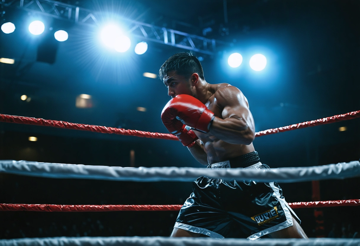 Boxer in the ring, focused expression, agile movement, dodging punches, strategic stance, spotlight on fighter,