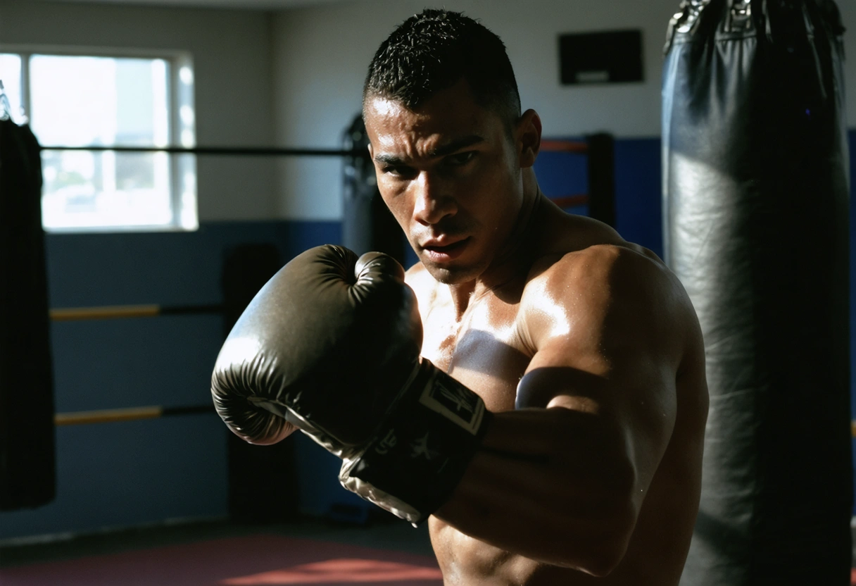 Boxer practicing jab technique, focused expression, gym setting, punching bag in background, natural light, medium